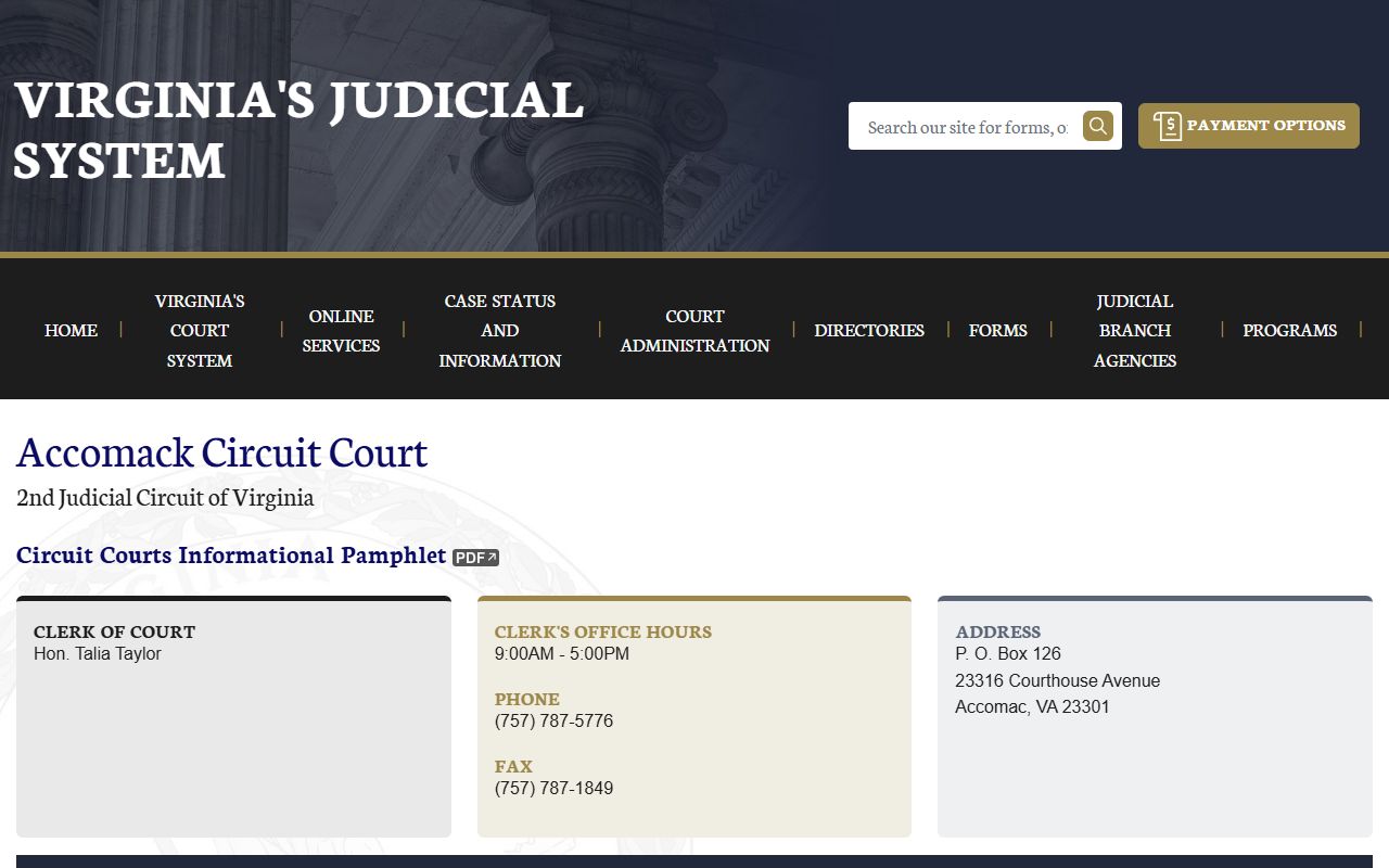 Accomack County Circuit Court website showing divorce case search and clerk information