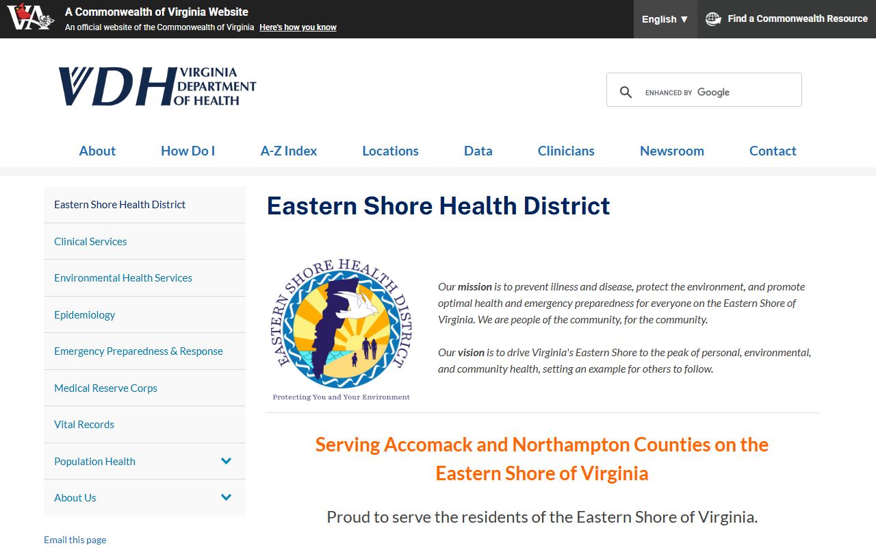 VDH Eastern Shore Health District page showing vital records services for Accomack County divorce certificates