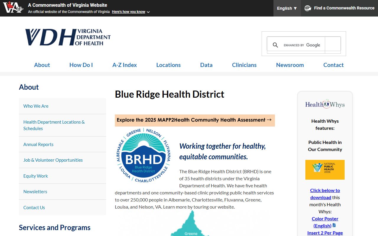 VDH Thomas Jefferson Health District page showing divorce certificate services for Albemarle County