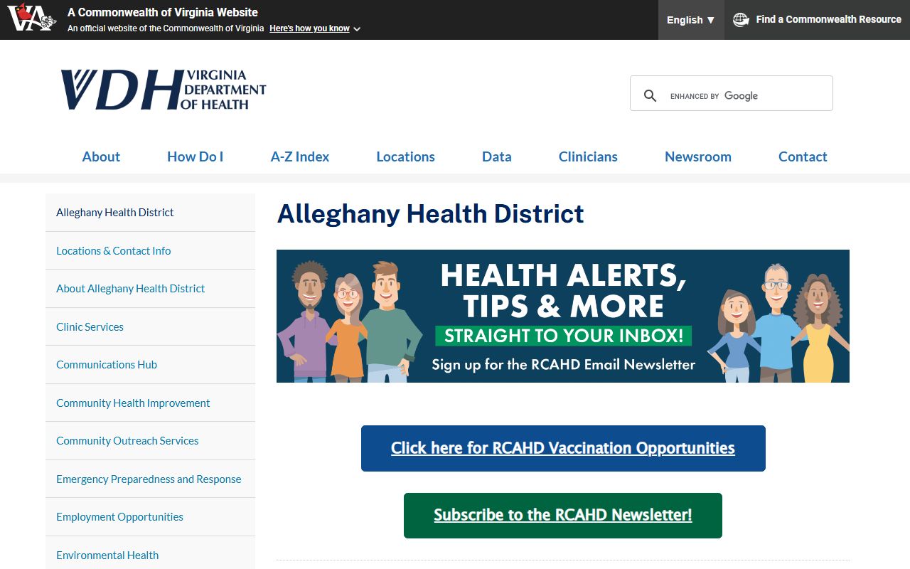 VDH Alleghany Health District page showing vital records services for Alleghany County divorce certificates