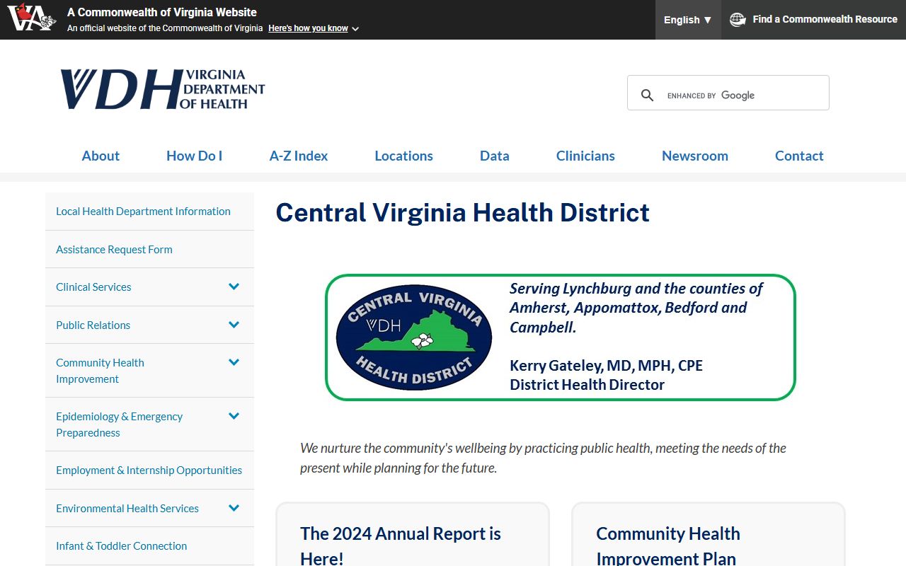 VDH Central Virginia Health District page showing vital records services for Amherst County divorce certificates