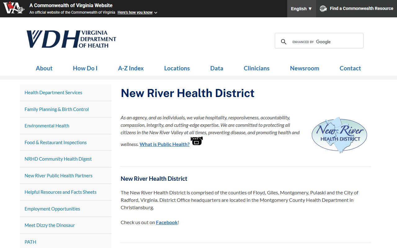 VDH New River Health District website serving Craig County Virginia