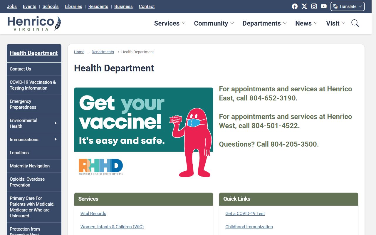 Henrico County Health Department website showing vital records services for divorce certificates