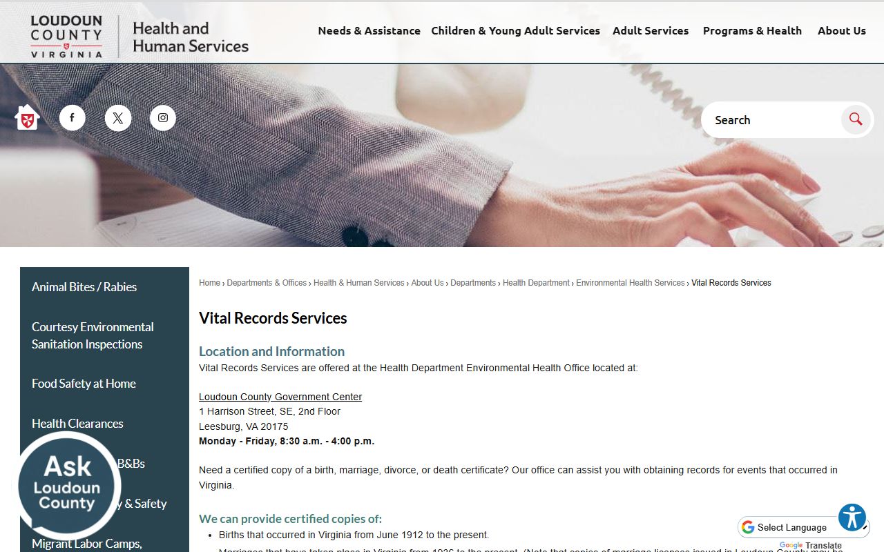 Loudoun County Vital Records Services page showing how to request divorce certificates and other vital records