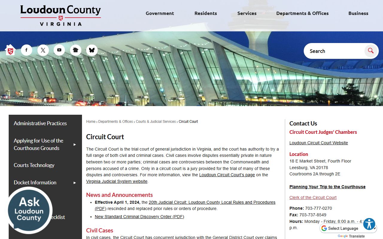 Loudoun County Circuit Court website at loudoun.gov/circuitcourt showing clerk information and divorce case access
