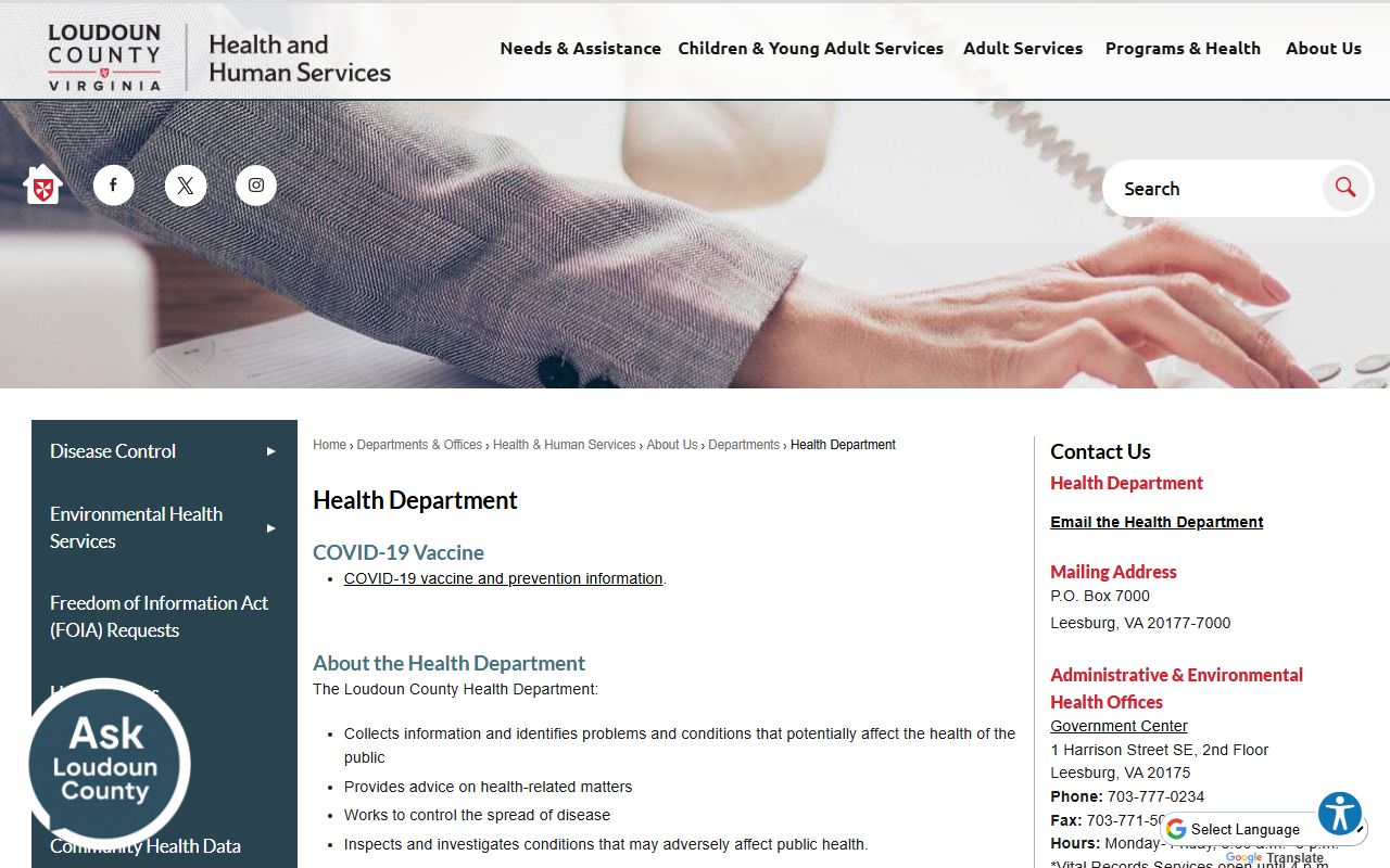 Loudoun County Health Department website showing vital records services including divorce certificates
