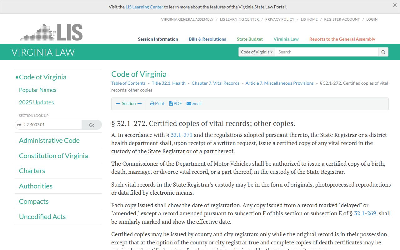 Virginia Divorce Decree - Virginia Code § 32.1-272 Certified Copies