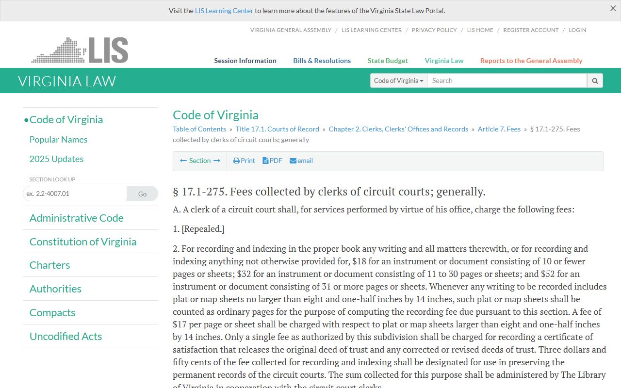 Virginia Divorce Decree - Virginia Code § 17.1-275 Clerk Fees