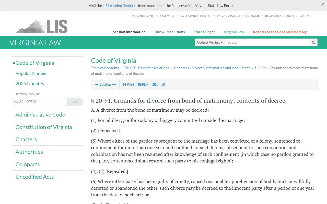 Virginia Divorce Decree - Virginia Code § 20-91 Grounds for Divorce