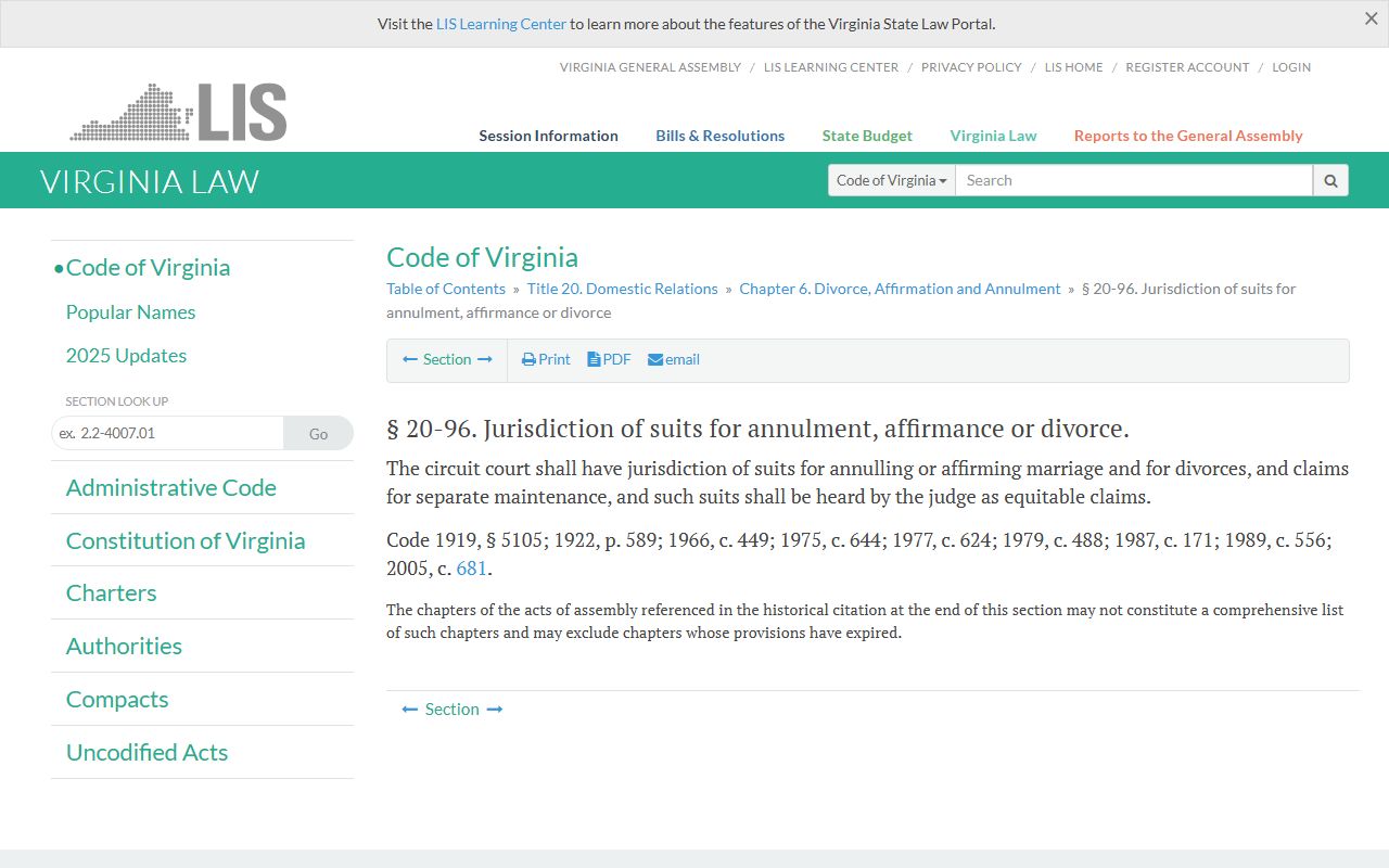 Virginia Divorce Decree - Virginia Code § 20-96 Jurisdiction