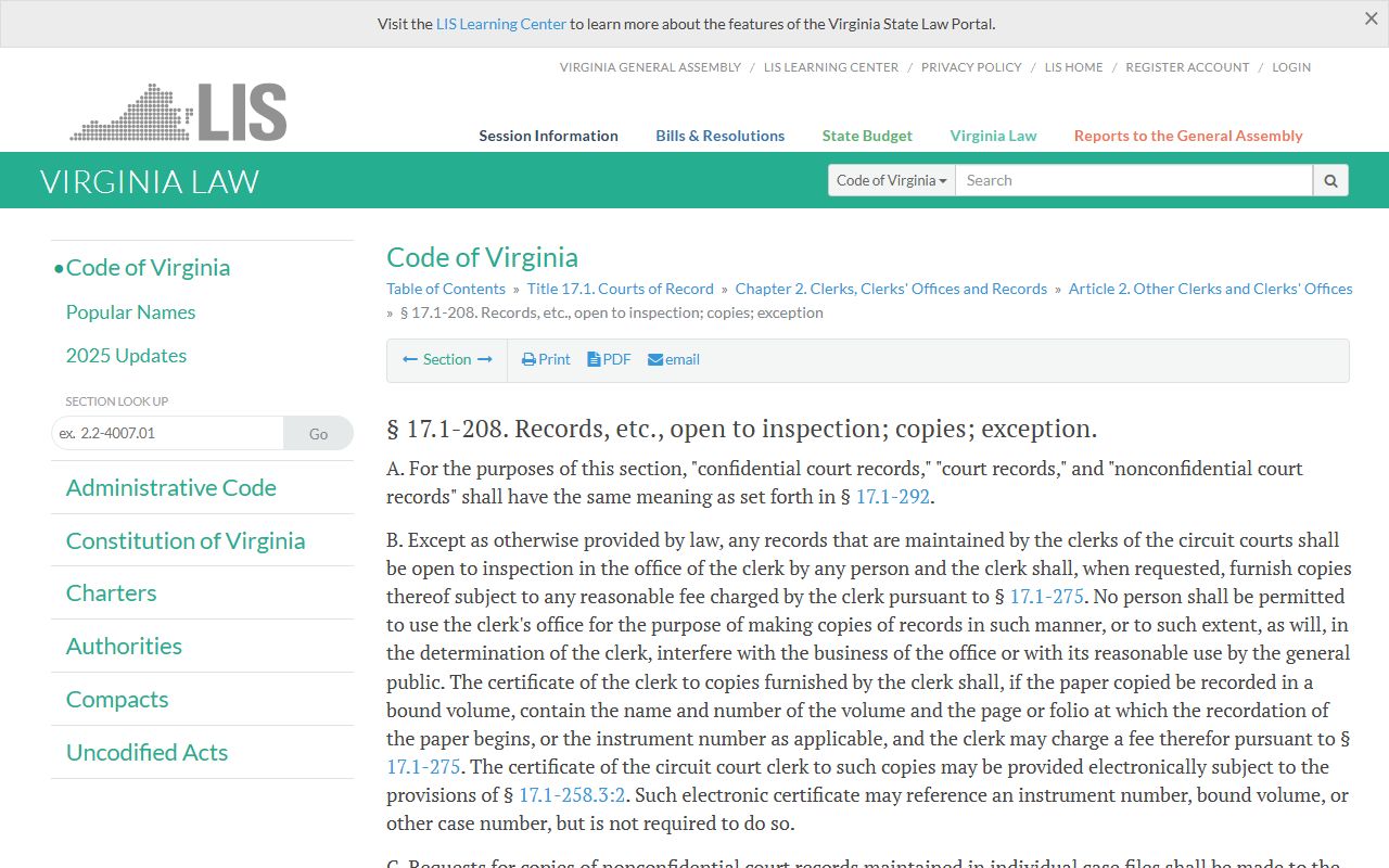 Virginia Divorce Decree - Virginia Code § 17.1-208 Records Open to Inspection