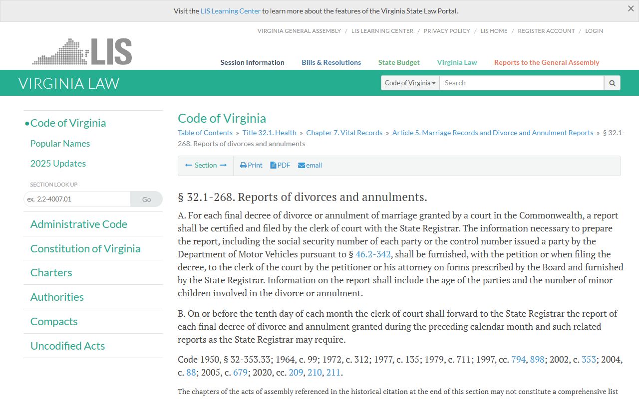 Virginia Divorce Decree - Virginia Code § 32.1-268 Divorce Reports