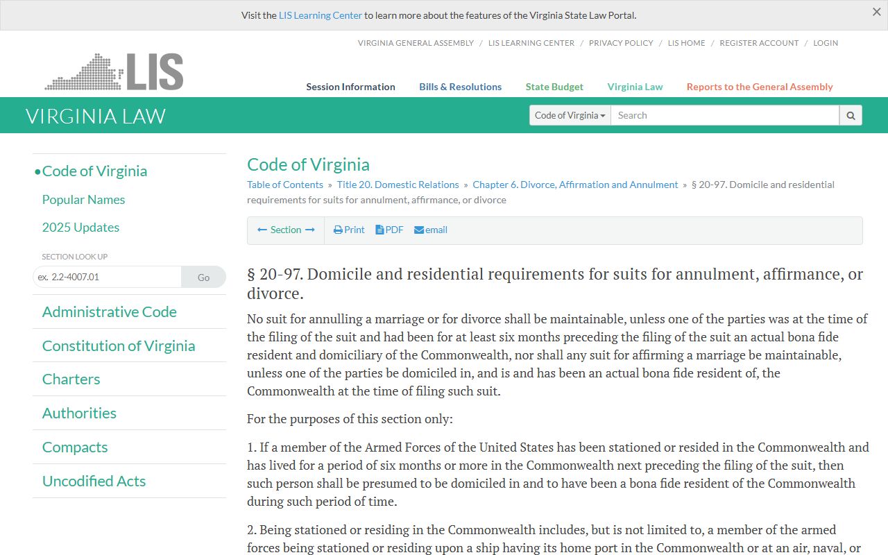 Virginia Divorce Decree - Virginia Code § 20-97 Residency Requirements