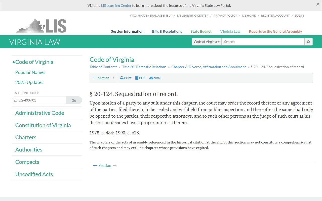 Virginia Divorce Decree - Virginia Code § 20-124 Sealing Records