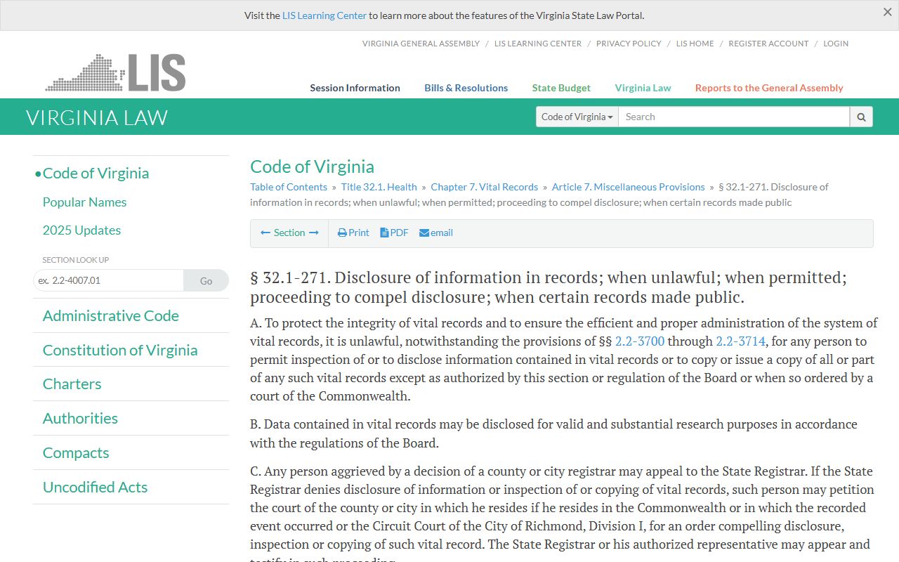 Virginia Divorce Decree - Virginia Code § 32.1-271 Vital Records Disclosure